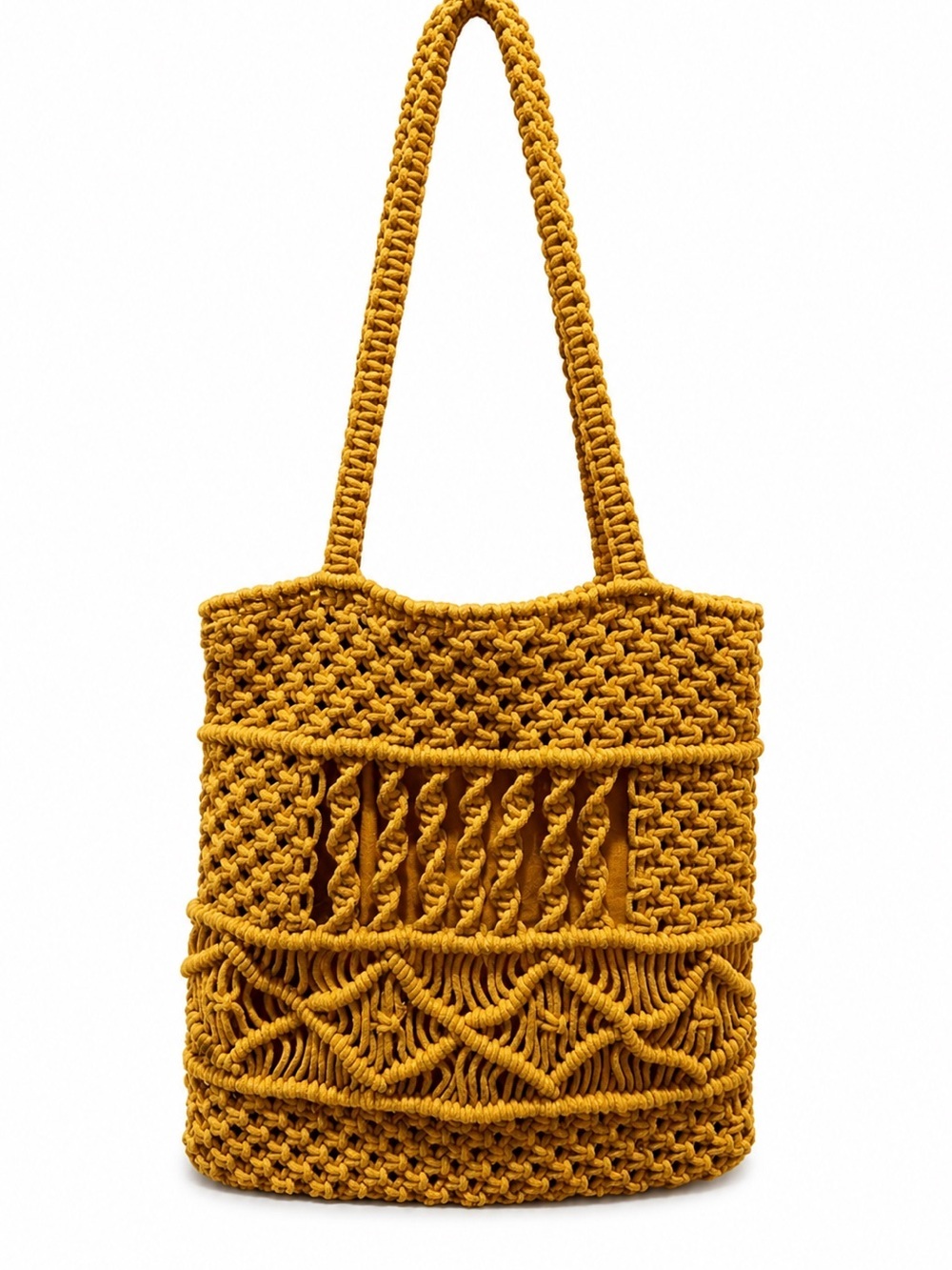 Boho Hand Made Mustard Yellow Macramé Tote Bag | Boho Woven Shoulder Bag